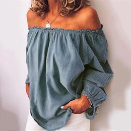 Women's Blouses Off Shoulder Blouse Women Casual Sleeve Sexy T Shirt Tops Plus Size Summer Loose Ruffle Long Sleeves Top Female Spring