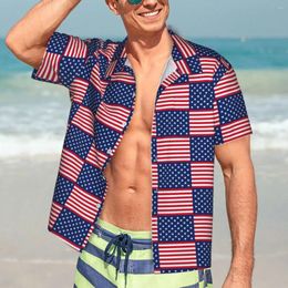 Men's Casual Shirts Hawaii Shirt Beach USA Flag Blouses American National Day Retro Men Short Sleeve Harajuku Top