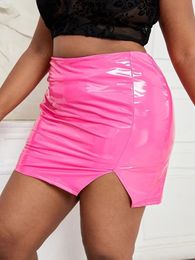 Women Plus Size Faux Latex Mini Skirt Stretchy Bodycon Skirt Hem Side Split Ladies Sexy PVC Leather Skirt Clubwear Custom 240329
