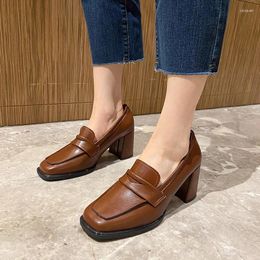 Dress Shoes Thick Heels High Women's 2024 Spring Solid Color British Style Elegance Square Headed Middle Mouth Single