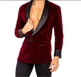 Suits Burgundy Velvet Men Suits Jackets Vintage Shawl Lapel Formal Fashion Loose Tuxedos Dinner Party Prom Gentleman Blazer(1 Jacket)