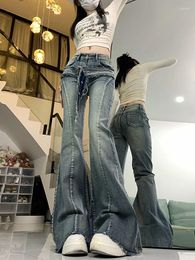Women's Jeans Harajuku Streetwear Retro All-match Women High Waist 2024 Blue Belt Wide Leg Straight Loose Denim Trousers Y2K Baggy Pants