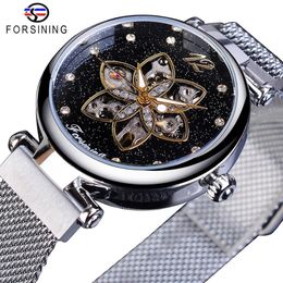 Forsining Top Brand Luxury Diamond Women Watches Mechanical Automatic Female Watches Waterproof Fashion Mesh Design Clock238a