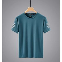 Breathable Hole Ice Silk T-shirt for Mens Summer Quick Drying Short Sleeved Round Neck Loose High Elastic Clothes with Three Stripes Trendy L0kg