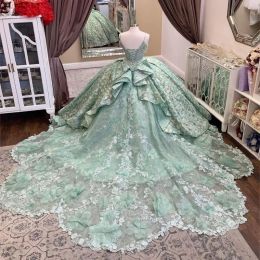 Mint Green Quinceanera Dresses Ball Gown Applicques spetspärlor ärmlös spaghetti rem handgjorda blommor söta 15 fest