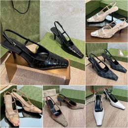 Designer-Sandalen, Damenschuhe, Slingback-High-Heels, Spitzen-Anziehschuhe, flach geschnittene Schuhe, Sandalen mit mittlerem Absatz, schwarzes Mesh mit Kristallen, glitzernde Druckschuhe, Luxus-Leder