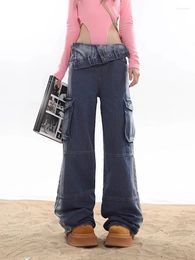 Women's Jeans Street Style Vintage Y2K Harajuku Blue Multiple Pockets Baggy Denim Pants Womens Chic Design Wide Leg Trousers