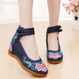 Boots Veowalk Women's Wedged Canvas Shoes 7cm Hidden High Heel Platforms Flower Embroidered Ankle Strap Ladies Denim Cotton Pumps