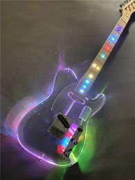 Guitar High Quality Acrylic Crystal Transparent 6 String Electric Guitar Lights Led Flashing Maple Xylophone Neck Free Shipping