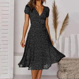 Casual Dresses V Neck Elegant Party For Teens 2024 Polka Dot Print Dress Short Sleeve Lace Up Tie Clothing Female Ropa De Mujer