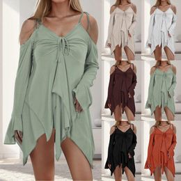 Casual Dresses Evening Women's Halloween Solid Color Slip Dress Off-the-shoulder Flared Sleeve Short Halter Neck Patchwork