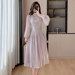 French Designer Fashion Women Organza Stand Collar Party Dress Luxury Spring Diamonds Tassel Ruffles Puff Sleeve Slim Midi 240313