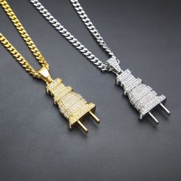 Iced Out Bling Men Micro Pave Full Rhinestone Plug Pendant Necklace Gold Silver Plated Charm Cuban Chain Hip Hop Jewelry266N