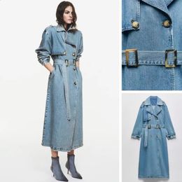 Denim Trench Coats For Women Belt On Waist Slim Jean Ladies Jaqueta Feminina Blue Jacket Woman 240309