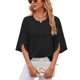 Women Summer Shirts Chiffon Tops Dressy Casual Crew Neck Shirts Ruffle Short Sleeve Loose Blouses