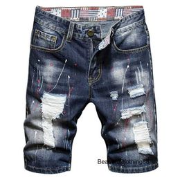 Mens Jeans Painted Holes Ripped Denim Shorts Summer Blue Slim Straight Knee Length Breeches