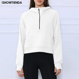 Women's Hoodies Loose Short Half Zip Pockets Thumb Hole Long Sleeve Pullover Sweatshirts Simple Fashionable Womens Hoodies 240328