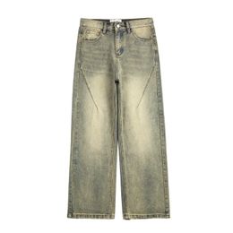 Vintage Oversized Split Deconstructed Wide Jeans for Men Yellow Mud Dyed Washed Distressed Wide Leg Jeans Cat Whisker Denim Pant 240311