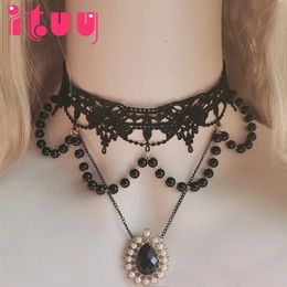 Handmade Black Lace Pearl Gem Pendant Necklace Gorgeous Vintage Rococo Style Lolita Collarbone Chain 240315