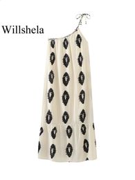 Willshela Women Fashion Printed Pleated Backless Lace Up Midi Dress Vintage One Straps Asymmetrical Female Chic Lady Dresses 240313