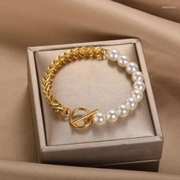 Charm Bracelets Punk Thick Cuban Chain Stainless Steel Pearls Bracelet For Women Girl Fashion Half Pearl OT Buckle Jewellery Gifts