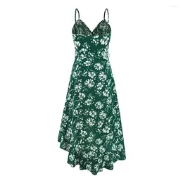 Casual Dresses Women Strappy Dress Floral Print Midi With Lace-up Detail Ruffle Hem Women's Vacation Beach Sundress For Summer