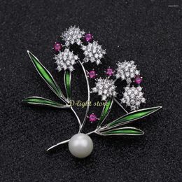 Brooches Green Plant Flower Brooch Lady Inlaid With Zircon Elegant Pearl Suit Jacket Accessory Banquet Party Jewellery Exquisite Gifts