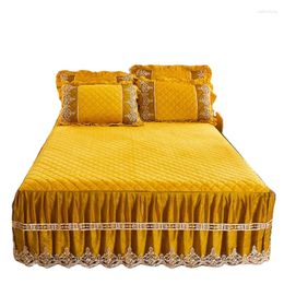 Bed Skirt American Style Eco-friendly Flower Embroid Linen Winter Thick Yellow Velvet 3pcs Skirts Set