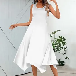 Casual Dresses Women's Fashion Summer Dress Solid Color Retro Irregular Hem Sundress Round Neck Sleeveless Beach For Women Vestido