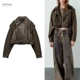 Women's Leather PERITANG Spring Woman Faux Jacket Chic Vintage Short Lapel Zipper Belt Biker Coats Fashion Streetwear Mujer Tops
