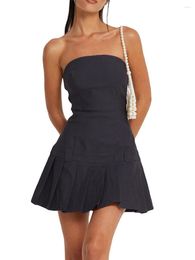 Casual Dresses Women Mini Dress Strapless Backless Pleated Solid Slim A-line For Club Party