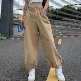Women's Pants QWEEK Baggy Jogger Women Khaki High Waist Japanese Vintage Cargo Streetwear Fashion Loose Casual Drawstring Jeans