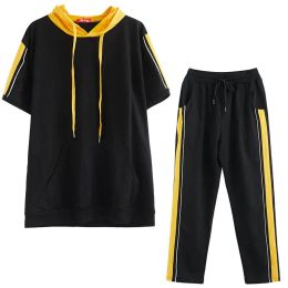Sets 150Kg Plus Size Women's Summer Loose Striped Hooded Sports Suit Bust 150cm 6XL 7XL 8XL 9XL Casual Contrast Colour Sets Black