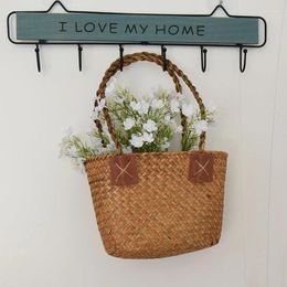 Storage Bags Home Decoration Accessories Straw Woven Bag Summer One Shoulder Women's Handmade Solid Colour Beach Flower Basket