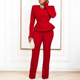 Sets Plus Size Winter Fashion Solid Two Piece Set Women Sexy Vneck Long Sleeve Ruffle Top and Pants Elegant Commuter Two Piece Set