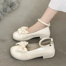 Casual Shoes 2024 Summer Women's Comfortable And Versatile Pearl Bow Thick Heel Small Leather