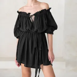 Casual Dresses Women Summer Lace Up Off Shoulder Vintage Mini Dress Sexy Solid Elegant Short Puff Sleeve Pleated Beach