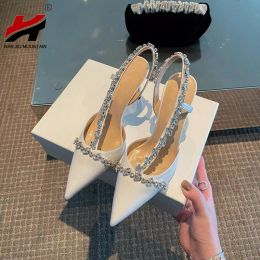 Boots 2022 High Heel Women Rhinestones Pointed Toe Single Shoes Wedding Shoes Summer Rear Strap Solid Colour Woman Shoes