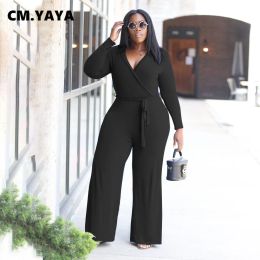 bottoms CM.YAYA Women Plus Size Jumpsuit Solid Full Sleeve Turndown Collar Bandage Sashes Loose Jumpsuits Fashion Outfit Summer 2021