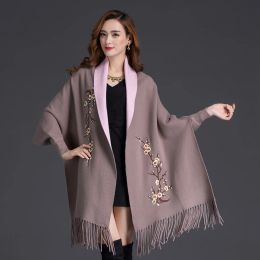 Cardigans Autumn Winter Can Wear Shawl Scarf Dualuse Embroidery With Sleeves Wool Cashmere Thick Tassel Cloak Female