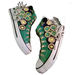 Casual Shoes Green Sneakers Beaded Lace-up Canvas Sequined Flower