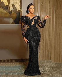 Lace Black Aso Ebi Mermaid Prom Dresses Illusion Beaded Appliques Long Sleeves Sexy Arabic Tessel Evening Dress For Women 2024 Reception Gown Special Ocn