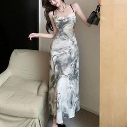 Casual Dresses Women's Dress Fashion Chinese Style Print Sexy Open Back Stacked Neck Strap Elegant Silm Long Summer Vestidos