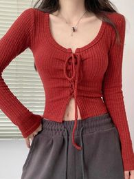 Sweet Fashion Knitted Sweater Women Spring Fall Long Sleeve Lace Up Crop Top Korean Style Elegant Slim Pullover Tops Y2k Clothes 240313