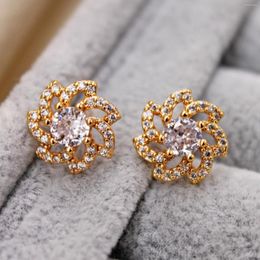 Stud Earrings Trendy For Women Gold Colour Flower Earring With White Zircon Jewellery Party Wedding Anniversary Gift
