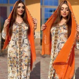 Ethnic Clothing Arabic Middle East Abaya Muslim Women Printed Long Dress V-neck Maxi Robe Hijab Turkey Islamic Moroccan Ramadan