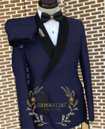 Suits New Design Navy Blue Double Breasted Men Suits Slim Fit Costume Homme Wedding Tuxedos 2 Pieces Groom Party Prom Best Man Blazer