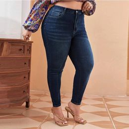 Plus Size Women Mom Jeans High Waist Plus Size Jeans High Elastic Stretch Jeans 100kgs Washed Denim Skinny Pencil Denim Pant 240315