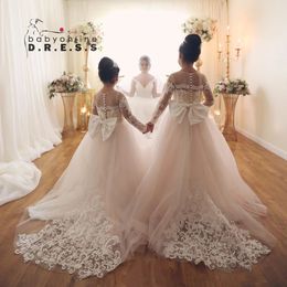 BABYONLINE Long Sleeve White Ivory Flower Girl Dresses for Wedding Guest Child Kids Bridesmaid Lace Floral Tulle Skirt Ball Gown 240309