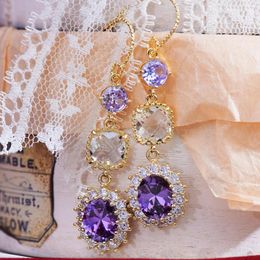 Stud Earrings France Simple Classic Purple Zircon Exquisite Crystal Tassel Handmade Smooth Luxury Temperament Romantic Jewellery Gift